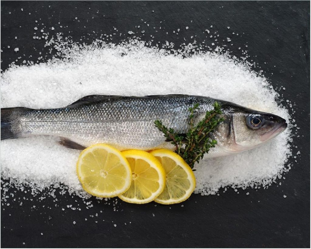 Wallario Poster - Fischmenü - Frischer Fisch auf Salz mit Zitronen, Kunstdruck Größe: 40 x 50 cm