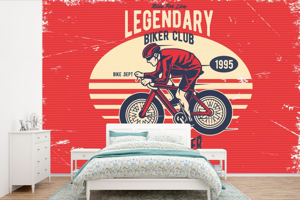 MuchoWow Fototapete für Wohnzimmer oder Schlafzimmer Wandtapete Vinyl Motivtapete Fahrrad - Radfahrer - Retro - 600x400 cm - Vinyltapeten
