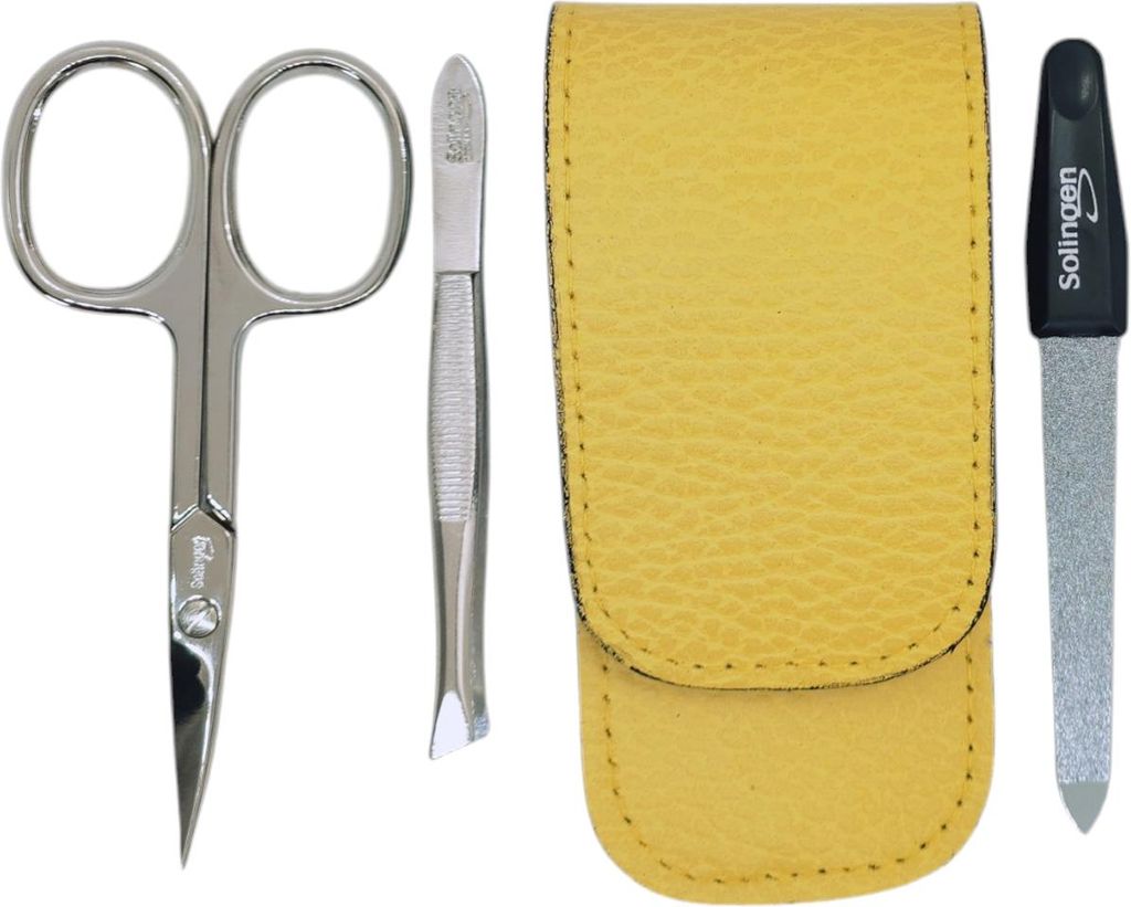 Solingen Maniküre Set 3-teilig – Nagelschere, Pinzette & Saphirfeile – Dollaro Echtleder Etui Germany Gelb