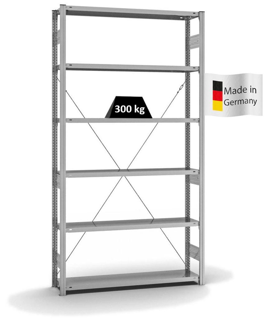 PROREGAL Fachbodenregal Stecksystem MAGNUS Germany | HxBxT 250x130x30cm | 6 Ebenen | Fachlast 300 kg | Einseitig nutzbar | Verzinkt