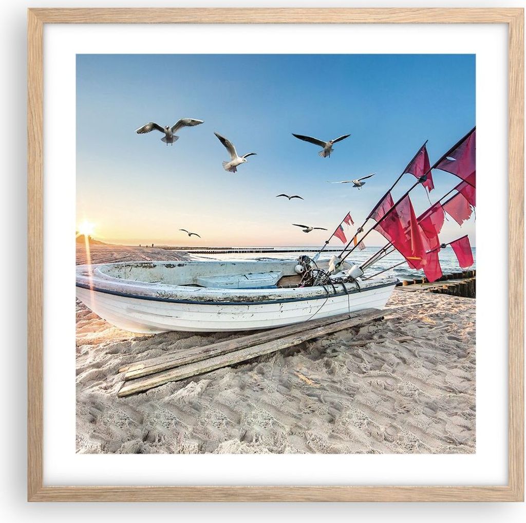 Gerahmtes Poster - Rahmen in heller Eiche - £ódŸ Küste Möwen - 50x50 cm - Wand Bild - Wanddeko - Wandbilder - Kunstposter - Wandposter - Bilde...