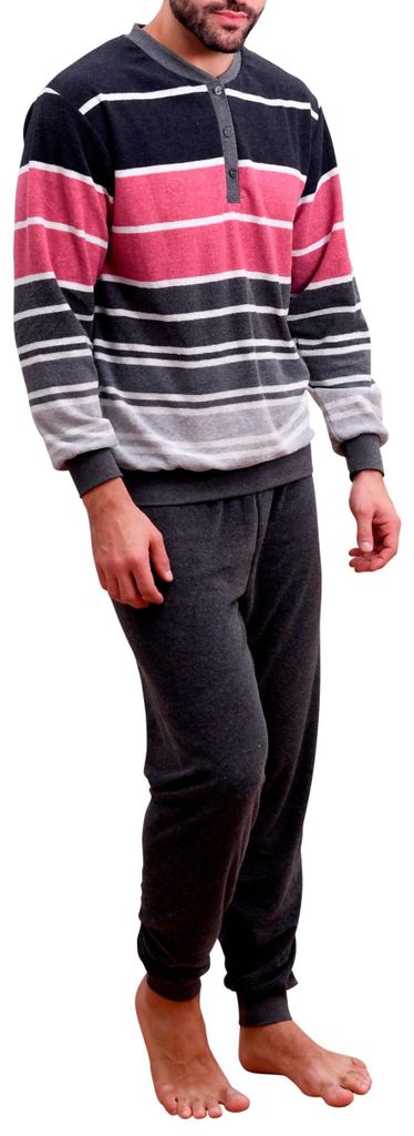 Herren Frottee Pyjama mit Knopfleiste, warmer Schlafanzug mit toller Blockstreifen-Optik ; grau , 54