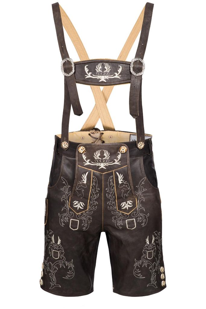 Bohmberg Herren Trachten Lederhose kurz Antikbraun aus 100 % Rindsleder mit Hosenträgern für und Volksfest