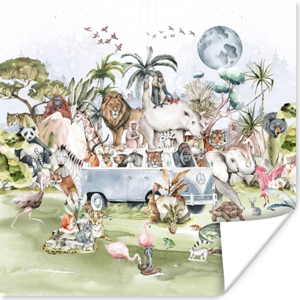 MuchoWow Poster Dschungel - Bus - Tiere - Kinder - Pflanzen 75x75 cm - Wand Dekoration