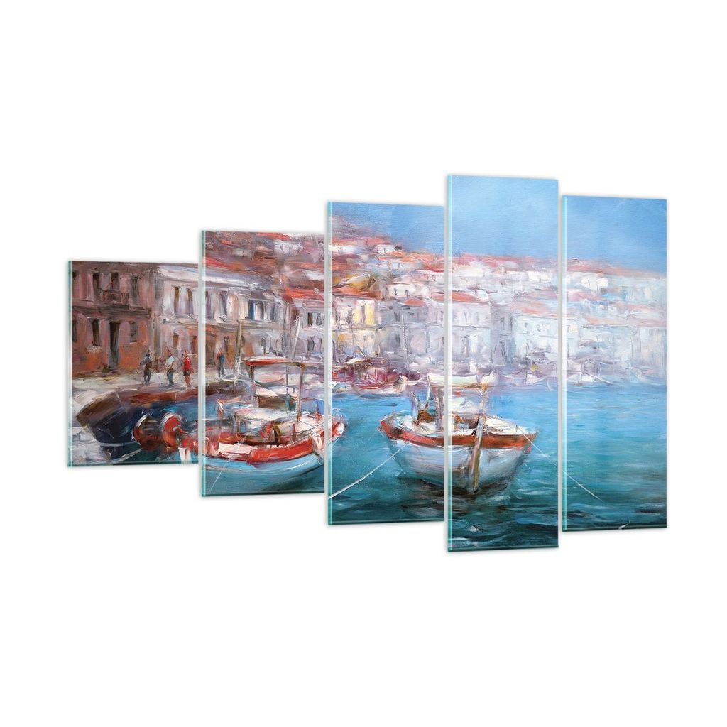 Bilder auf glas - 5 Teile - Öl Boote Griechenland - 100x60cm - Glasbilder - Wandbilder - Bilder - zum Aufhängen bereit - Wanddekoration aus Glas ...