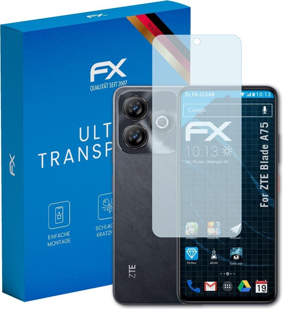 atFoliX FX-Clear 3x Schutzfolie kompatibel mit ZTE Blade A75 Displayschutzfolie