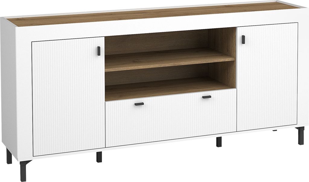 MIRJAN24 Sideboard Mossa 2D1S MO07, Schlafzimmer Kommode mit zwei Drehtüren und Schublade, Wohnzimmer, Stilvoll Kollektion (Farbe: Weiß / Weiß +...