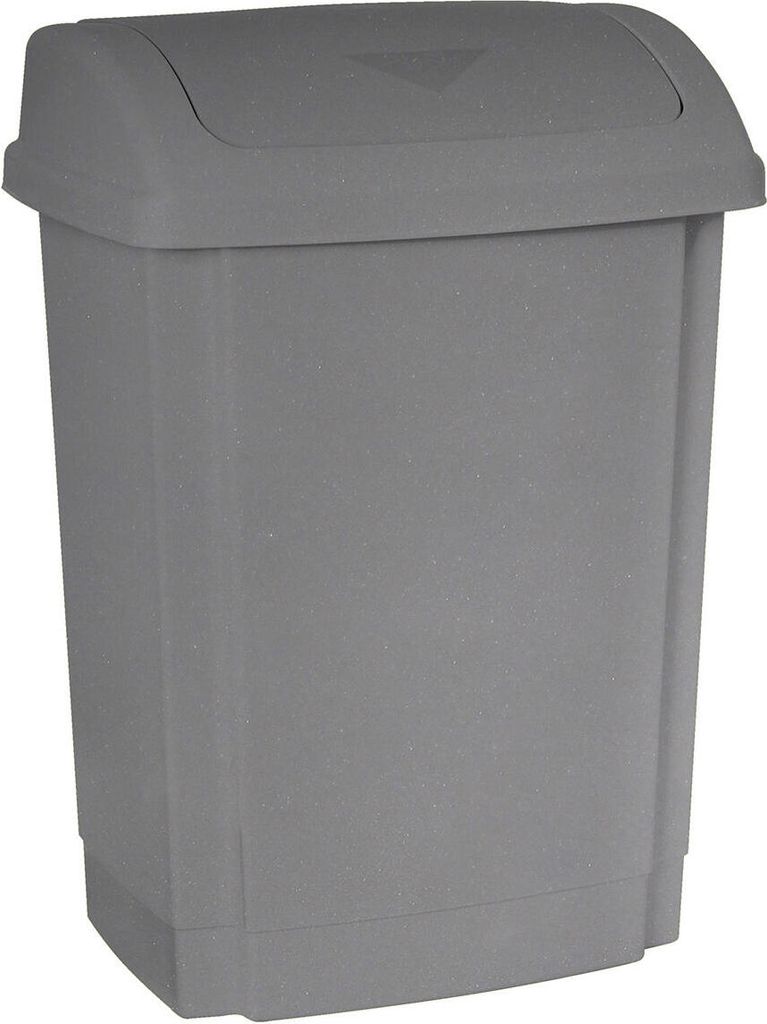 A gray plastic trash can with a flip-top lid, shown against a white background.
