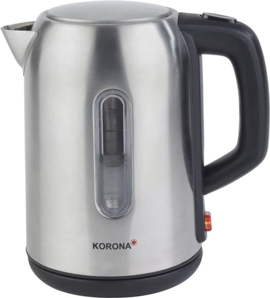 A stainless steel electric kettle with a black handle and a red power switch.