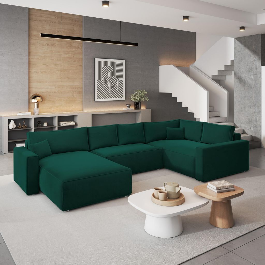 Masseno Ecksofa VELAMI R-S mit Schlaffunktion U-Form, Sofa mit Bettkasten, Wohnzimmersofa, Couch, Soffa, Bettsofa, Couchgarnitur- Grün, MONOLITH 37