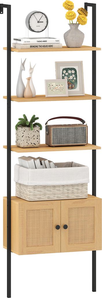 COSTWAY 5-stufiges Leiter-Bücherregal mit Rattan-Schrank 184 cm hohes wandmontiertes Bücherregal mit Metallrahmen Boho-Offenes Ausstellungsregal