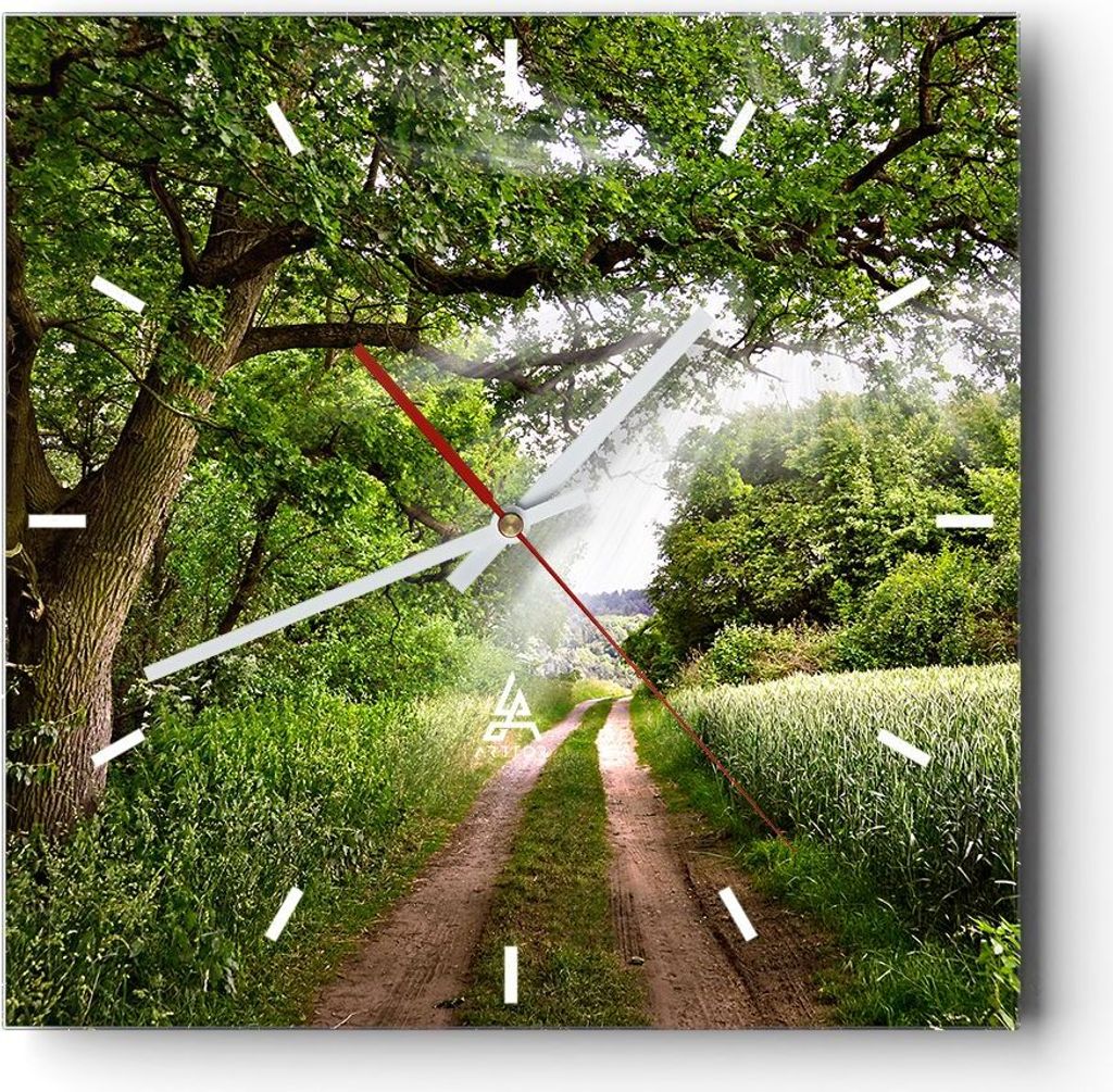 Wanduhr - Quadrat - Glasuhr - Pfad Natur Wald Grün - 30x30cm - Schleichendes Uhrwerk - Lautlos - zum Aufhängen bereit - Dekoration Modern - Wandd...