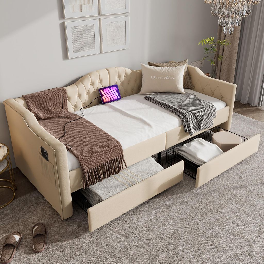 Merax Tagesbett Polsterbett 90x200cm, Daybett Schlafsofa mit Stauraum, Bettgestell mit Lattenrost, USB Type-C, 2 Schubladen, Kinderbett, Leinen Beige