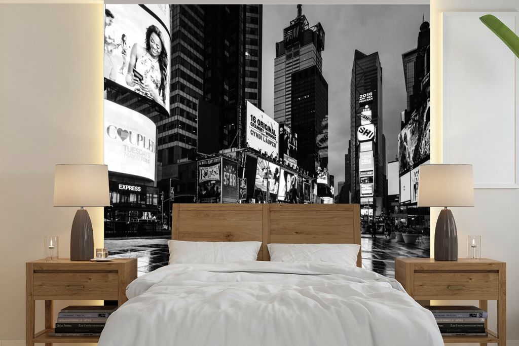 MuchoWow Fototapete für Wohnzimmer oder Schlafzimmer Wandtapete Vinyl Motivtapete Schwarzes und weißes Quadrat des Times Square - 260x260 cm - ...