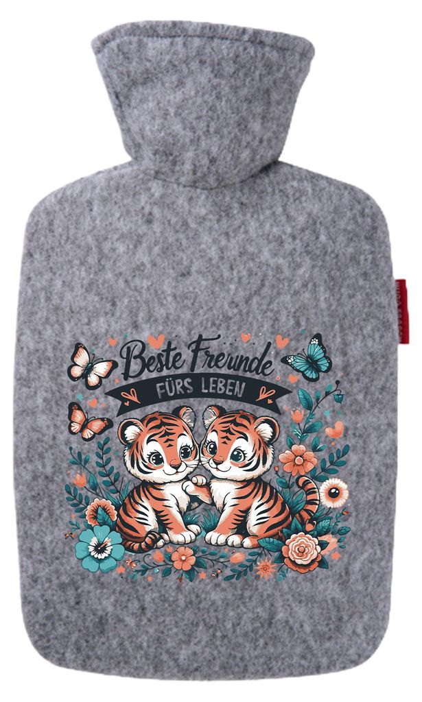 Huuraa Wärmflasche Beste Freunde Tiger 1,8 Liter Filz Classic Filzbezug Bettflasche Geschenkidee