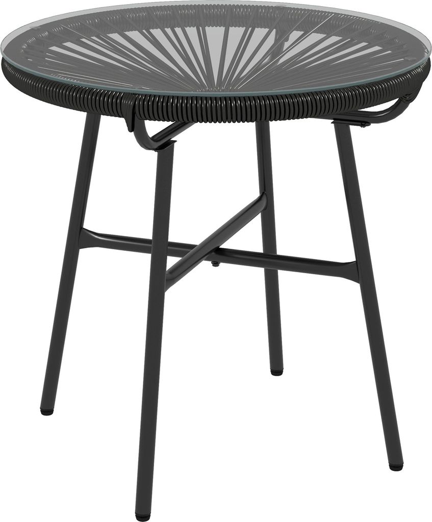 Gartentisch Boho-Stil Outdoor Beistelltisch, PE-Rattan, gehärtetes Glas, wetterbeständig, 50 cm x 50 cm x 50 cm, Schwarz