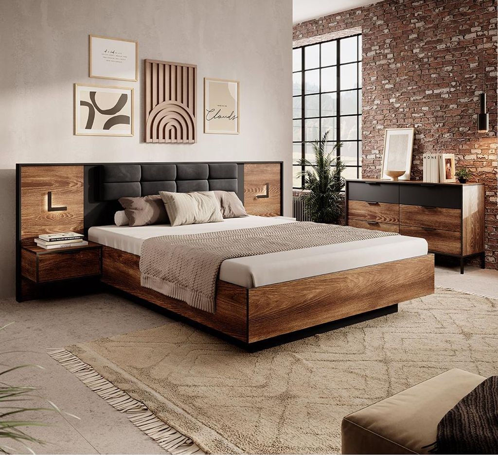 Schlafzimmer-Set 4-teilig mit Bett 160x200 cm, 2 Nachttische mit Beleuchtung & Kommode, Kastanie mit schwarz - MEZZANA-167
