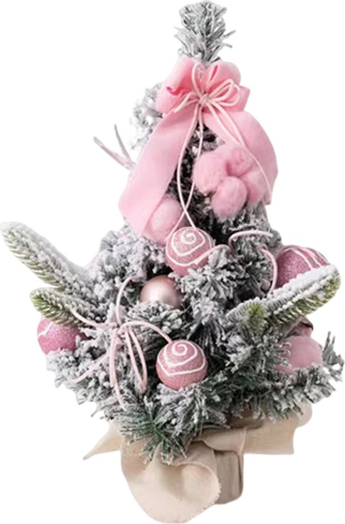 Schneebedeckter Mini-Weihnachtsbaum, kleiner künstlicher beflockter Tischbaum mit Kugeln, Schleife und Stoffbeutelbasis für die Schreibtischdekor...