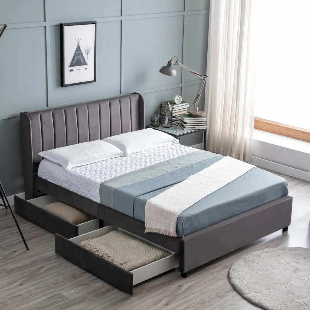 Lit 140x200cm avec 2 tiroirs et sommier, structure bois velours gris - 13