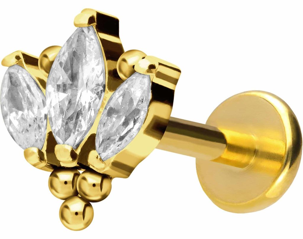 Ohrpiercing, Nasenpiercing Titan Labret mit Push Fit LOTUSBLÜTE + KUGELN Gold Stablänge: 9mm | Stabstärke: 1mm