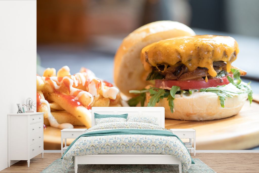 MuchoWow Fototapete für Wohnzimmer oder Schlafzimmer Wandtapete Vinyl Motivtapete Hamburger mit geschmolzenem Käse - 390x260 cm - Papiertapete