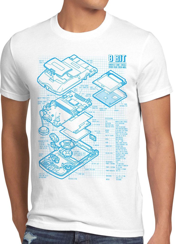 style3 8 Bit Handheld Blaupause Herren T-Shirt Videospiel, Größe:4XL, Farbe:Weiß