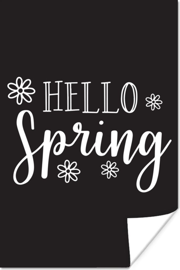 MuchoWow Poster Zitat "Hallo Frühling" mit Blumen in Schwarz 40x60 cm - Plakate für die Wand - Poster Babyzimmer