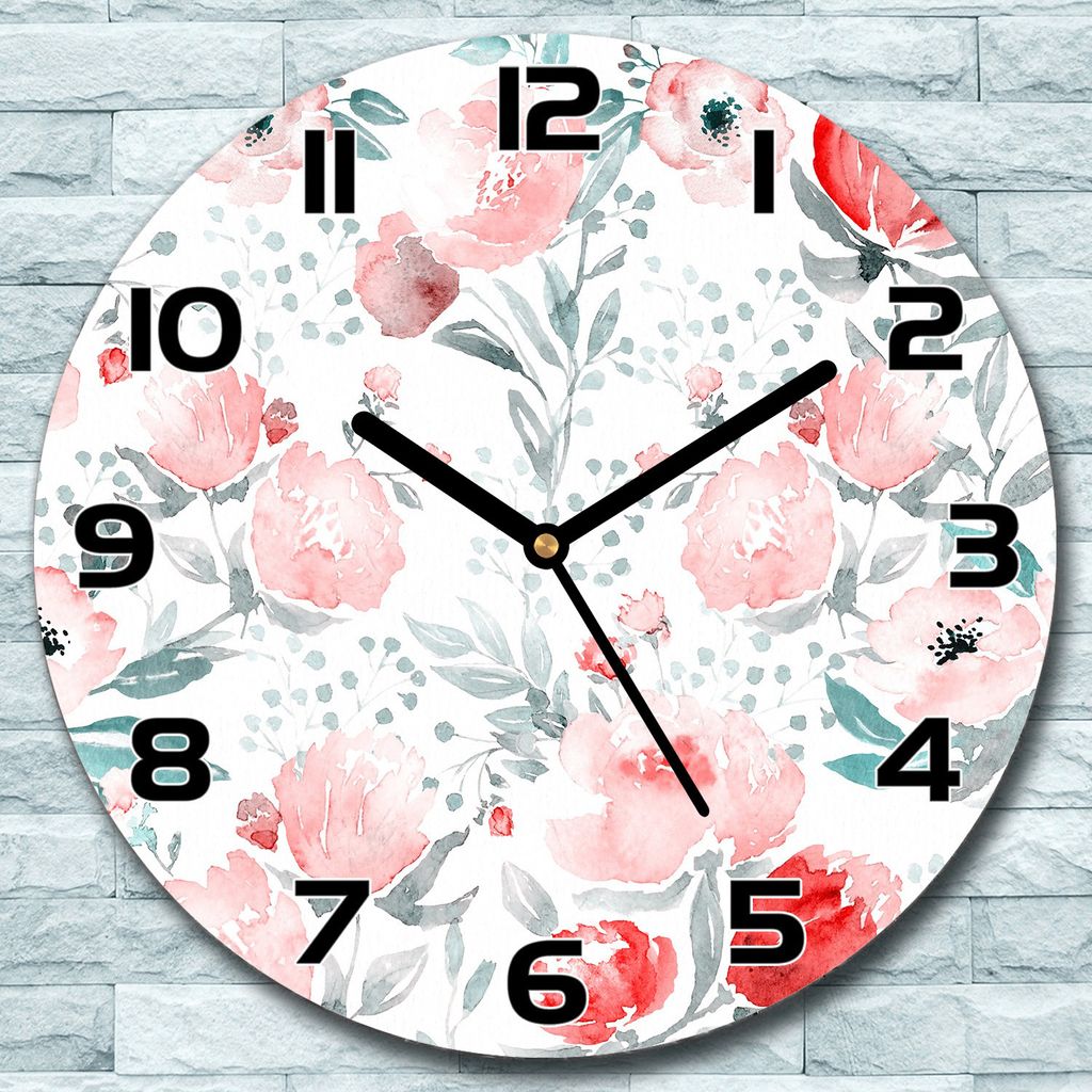 Wanduhr aus Glas Rund fi 30 Blumen Aquarell Quarz Deko Schlafzimmer Büro