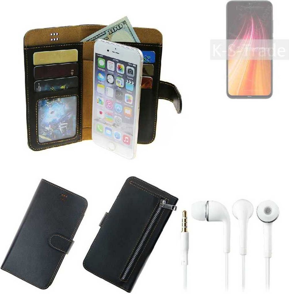 TOP SET Handy Hülle Schutz Hülle kompatibel mit Xiaomi Redmi Note 8T schwarz aus Kunstleder + Kopfhörer Smartphone Tasche vollwertige Geldbörse