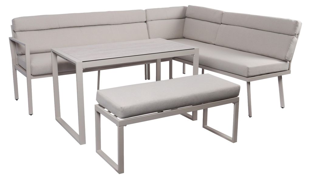 Koll Living Outdoor Lounge-Set Celia | Modernes Gartenmöbel Set in Beige | Wetterfest & UV-beständig | Gartenlounge mit Eckbank, Sitzbank & Tisch