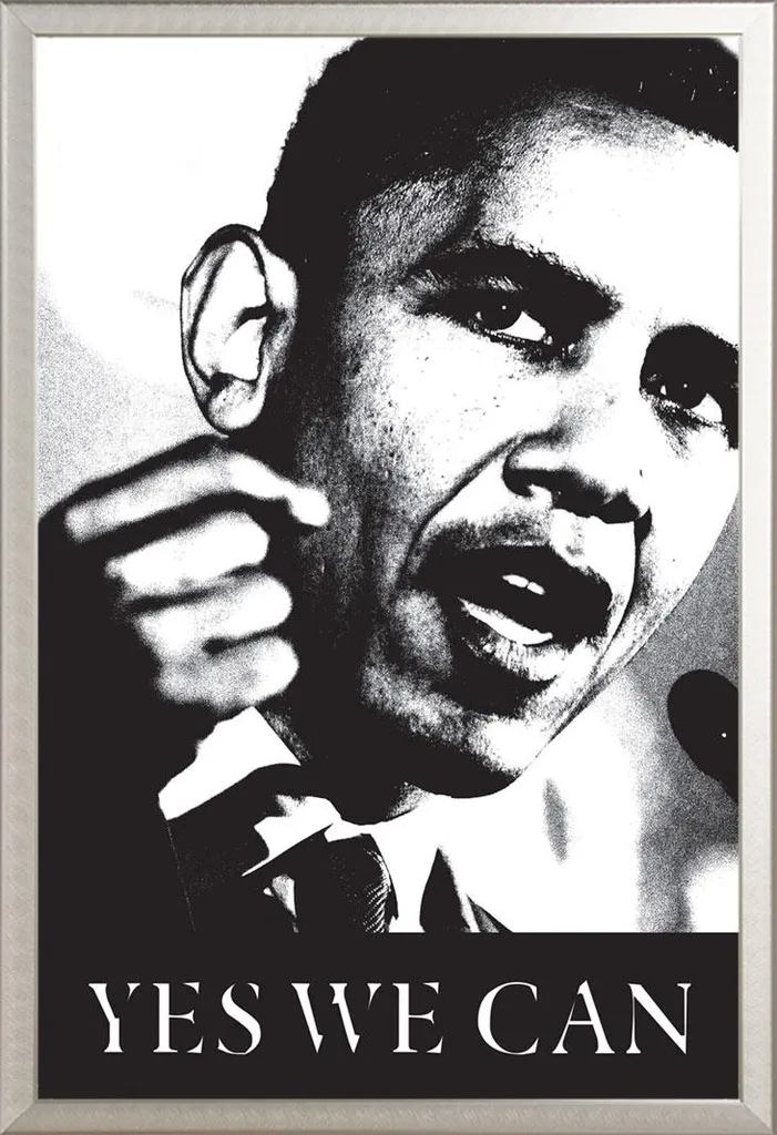 Poster Obama Yes We Can sous cadre en alu argenté Shinsuke vitre acrylique
