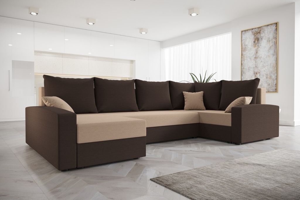 Roe Furniture | Ecksofa 301 cm - U-Form Links - CHIEVO LONG - Braun und Beige - mit Schlaffunktion und Stauraum - Sofabett - Couch