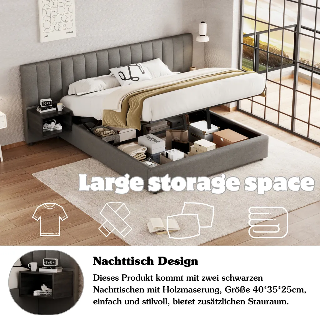 Lit double Boxspring 160x200 cm en lin gris avec rangement
