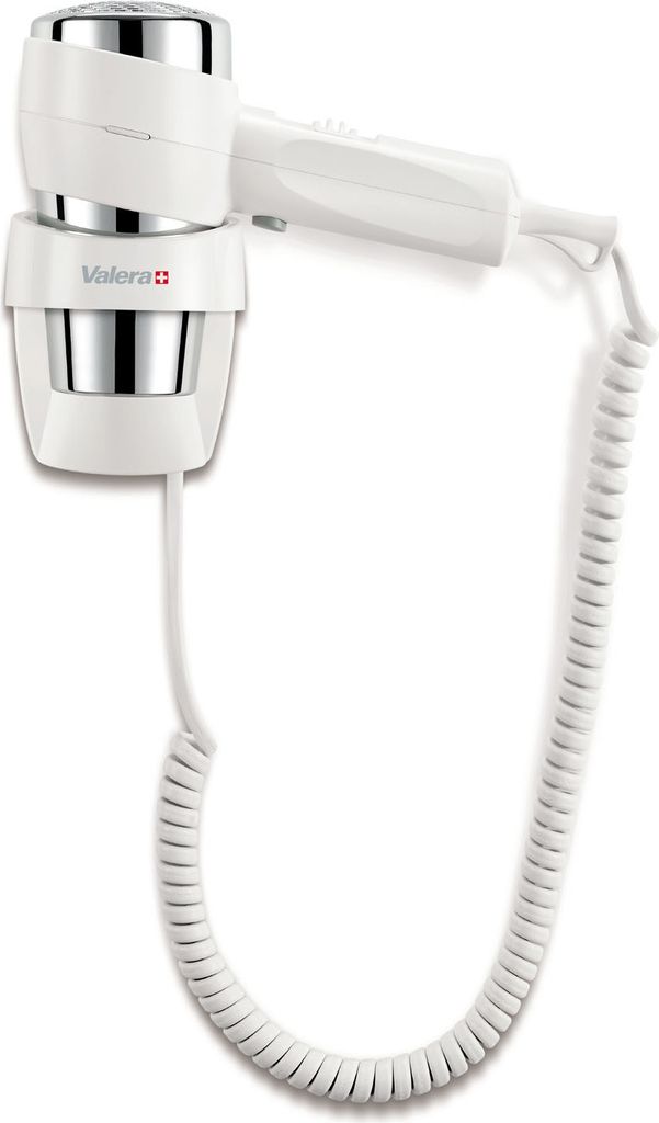A white wall-mounted hairdryer with a coiled cord.