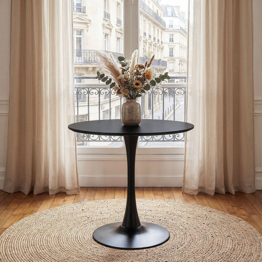 Esstisch LOIRE, rund 80 cm, Schwarz - Esszimmertisch mit Tulpenfuß, runder Küchentisch aus lackiertem MDF, ideal für kleine Essbereiche, moderne...