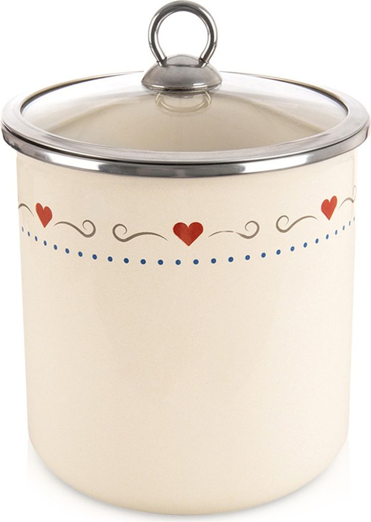 A cream-colored storage container with a decorative heart pattern and a glass lid.