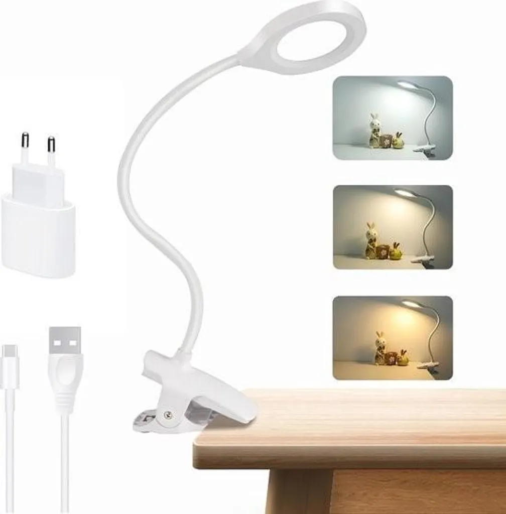 Lampada da scrivania a LED, senza fili, ricaricabile, 3 colori e 3 intensità regolabili, lampada da comodino con clip, per bambini, 28 LED, portatile, lampada da lettura, da agganciare, per leggere a letto, bianca
