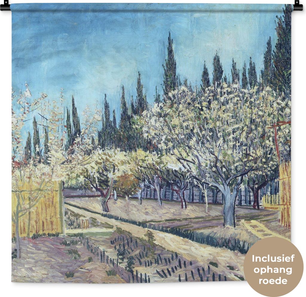 MuchoWow Wandteppich Wandbehang Obstgarten vor Zypressen - Vincent van Gogh 90x90 cm Tapisserie Dekoration Wandtuch - Wandaufhänger