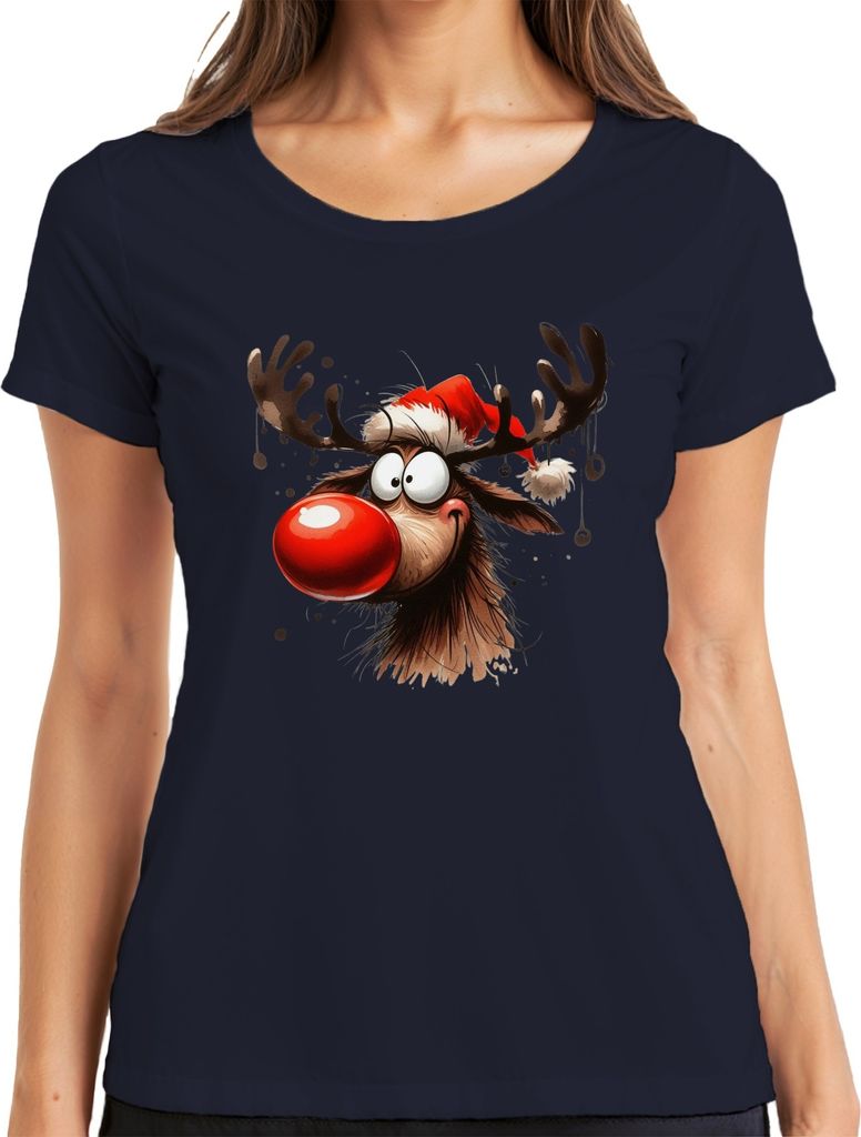 Lustiges Reh Rentier Rudolf Elch - Weihnachten Xmas Christmas Damen T-Shirt, Navy, S