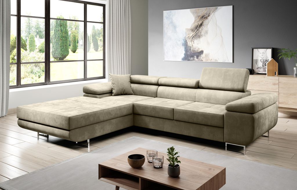 FurMeb24 ECKSOFA LAZZANO MONOLITH - linke seite - BEIGE - mit schlaffunktion und bettkasten
