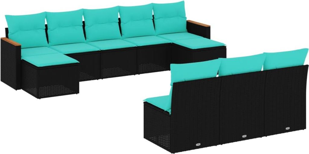vidaXL 10-teiliges Gartensofa-Set mit Kissen, schwarzes Polyrattan