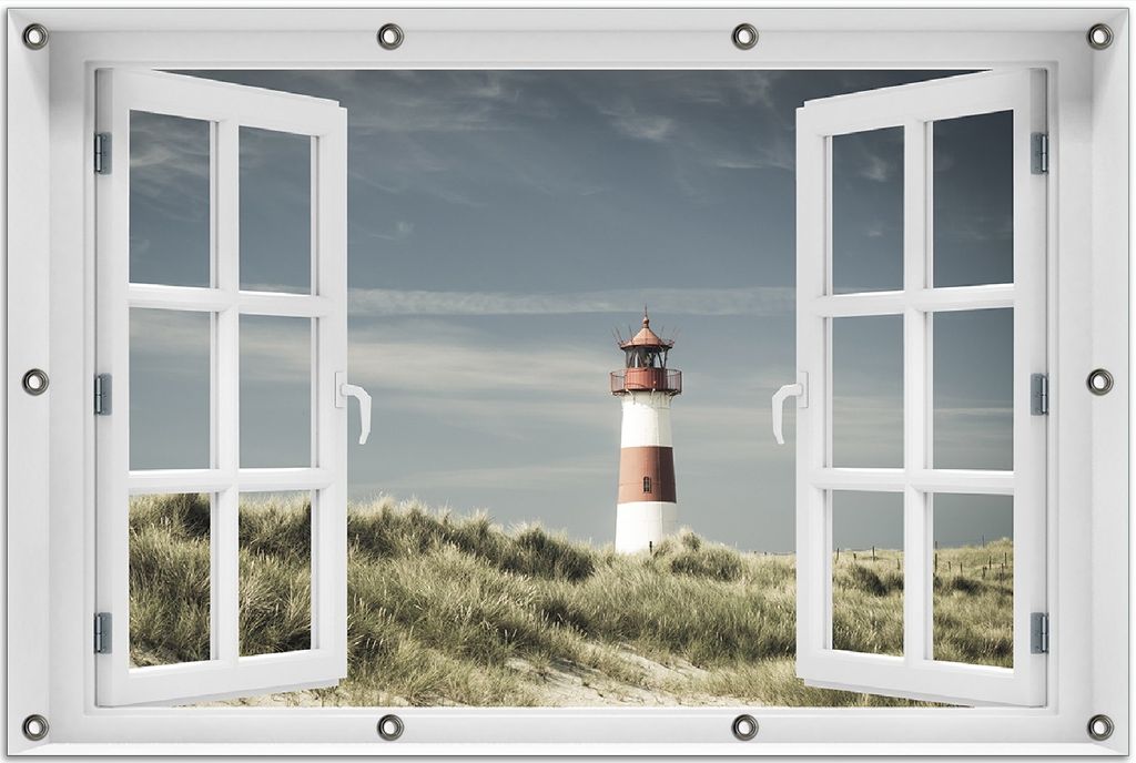 Wallario Outdoor-Poster für Garten oder Balkon 80 x 120 cm: Leuchtturm auf der Düne am Strand