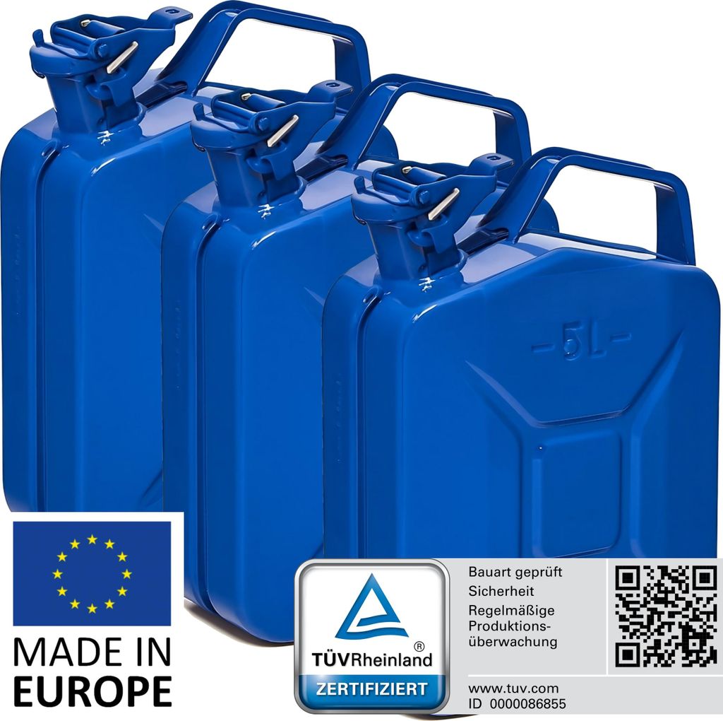 BW Kraftstoffkanister Metall Benzinkanister 3x 5 Liter - Blau RAL 5005 - UN-Zulassung - Hergestellt in Europa