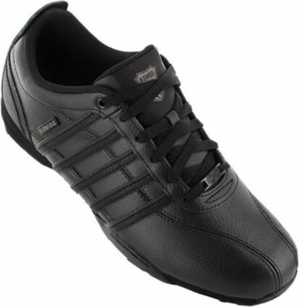 A black K-Swiss shoe is shown against a white background.