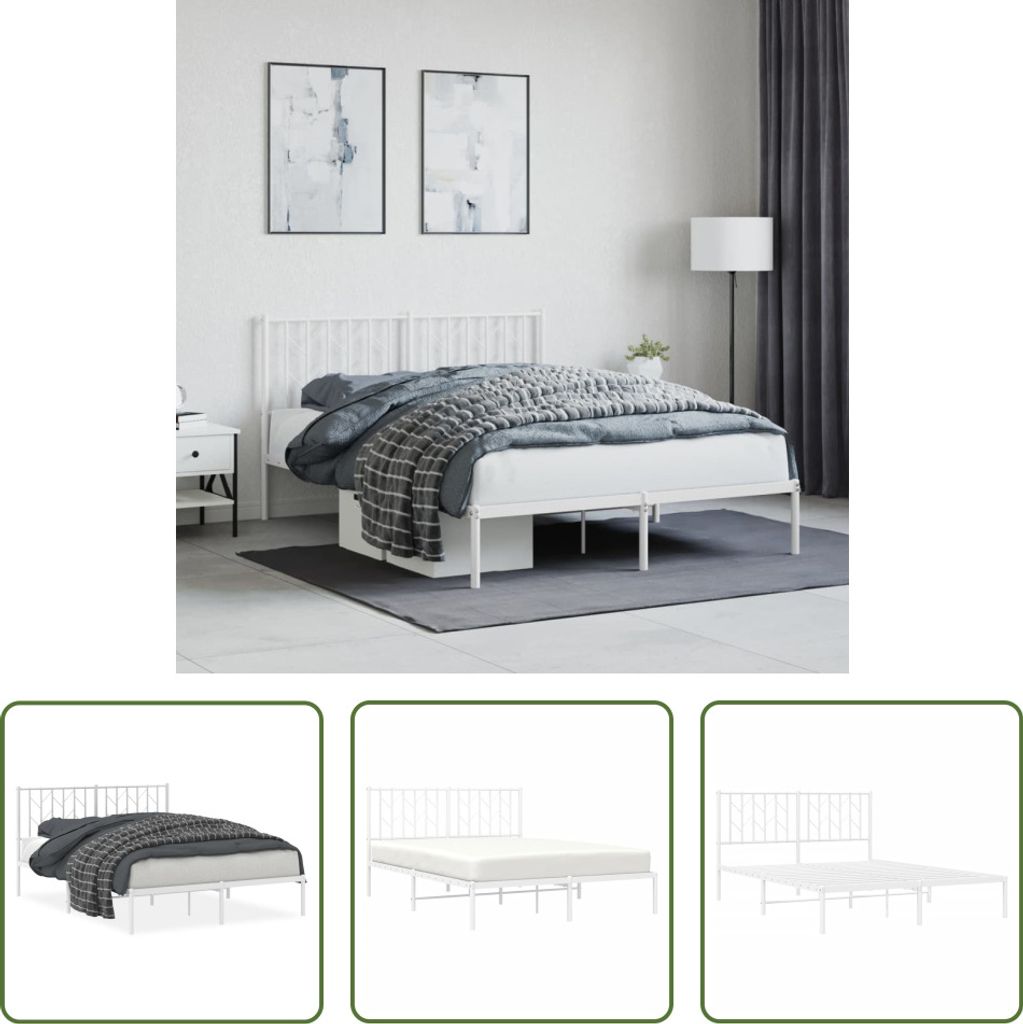 The Living Store Bettgestell mit Kopfteil Metall Weiß 135x190 cm