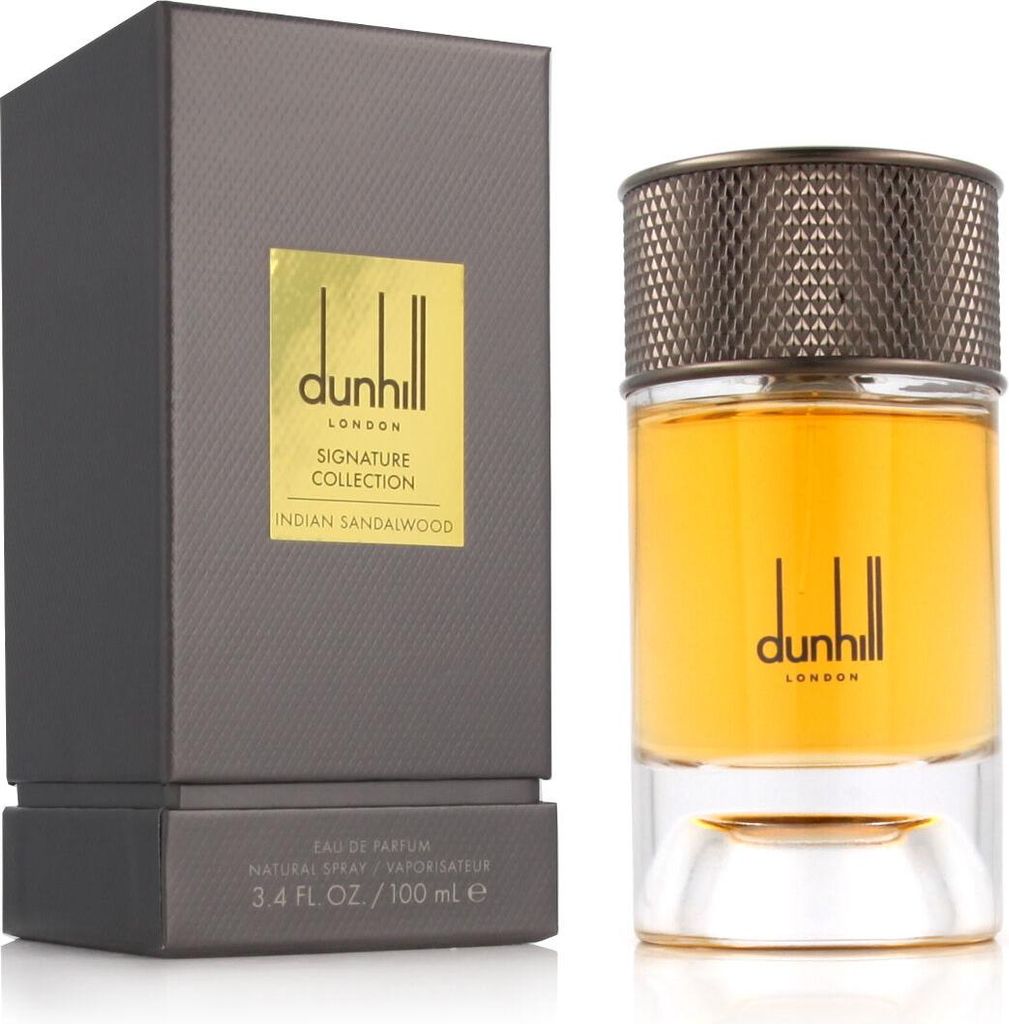 A product shot of Dunhill Signature Collection Indian Sandalwood Eau de Parfum for men, showing both the perfume bottle and its packaging.