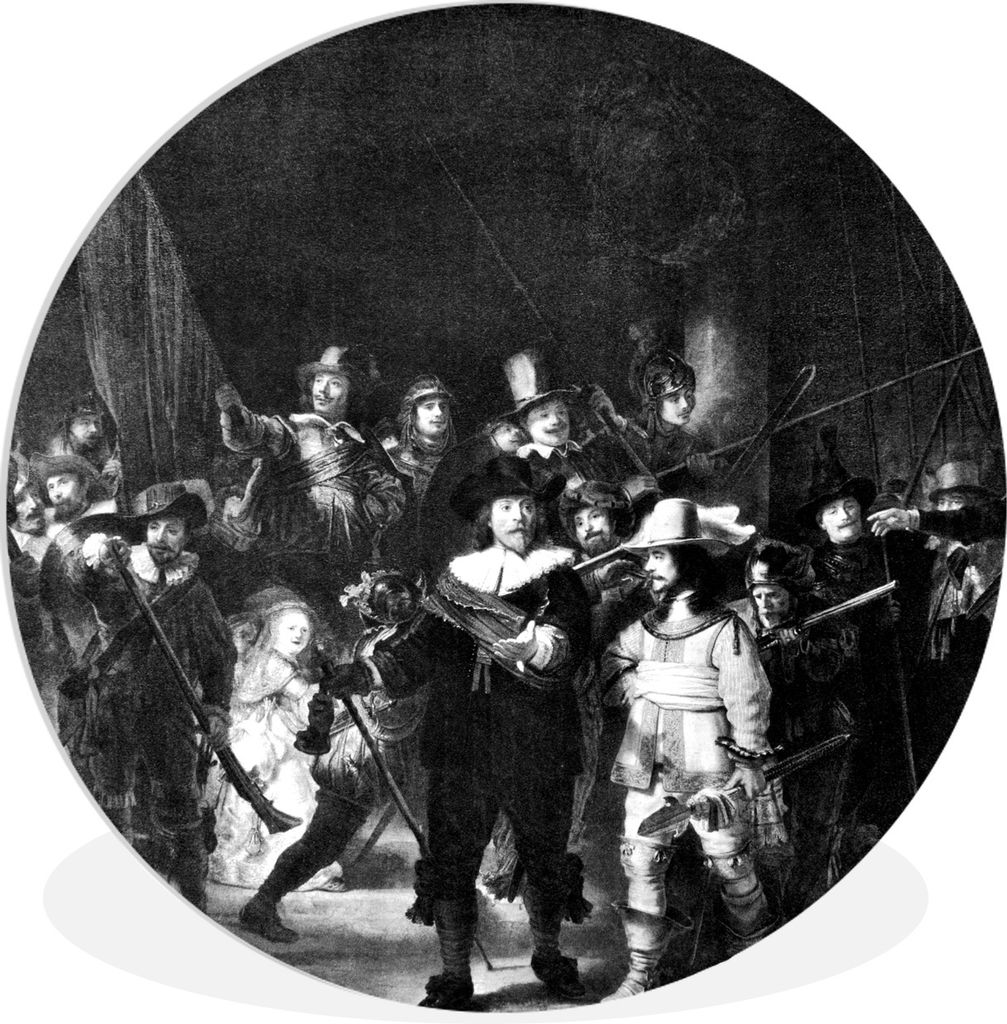 MuchoWow Rundes Wandbild - Runde Bilder Die Nachtwache - Gemälde von Rembrandt van Rijn - schwarz und weiß Ø 60 cm Kreis Wanddekoration Kunsts...