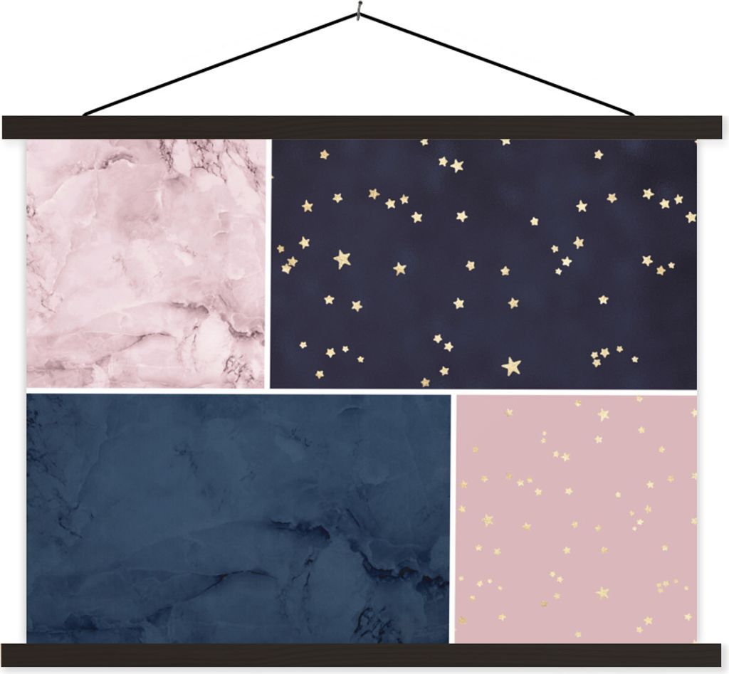 MuchoWow Textilposter Marmor - Blau - Rosa - Collage 120x90 cm mit schwarzem Rahmen - Aufhänger für Poster