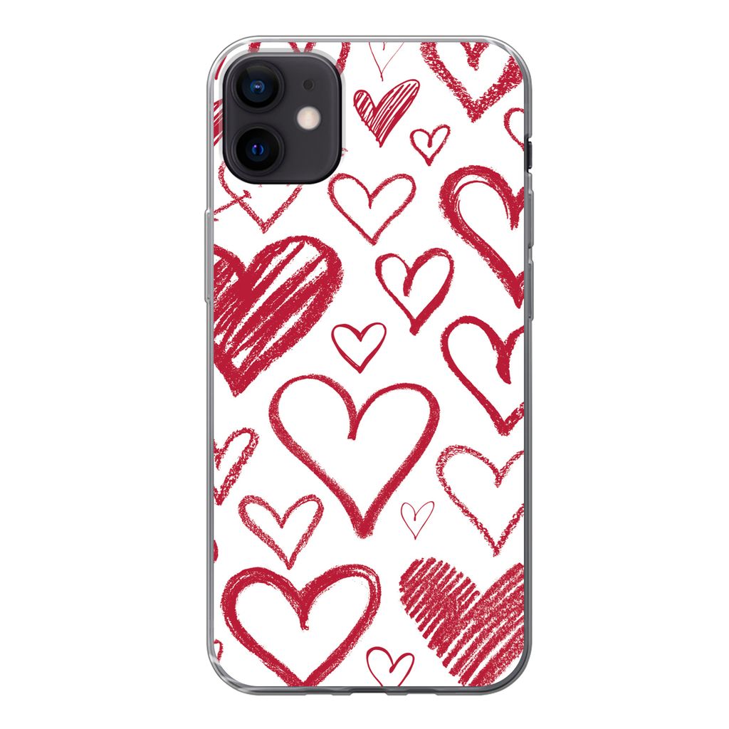 MuchoWow Handyhülle Schutzhülle Hülle für iPhone 12 mini Eine Illustration mit mehreren Herzen auf weißem Hintergrund Silikon Softcase Handy...