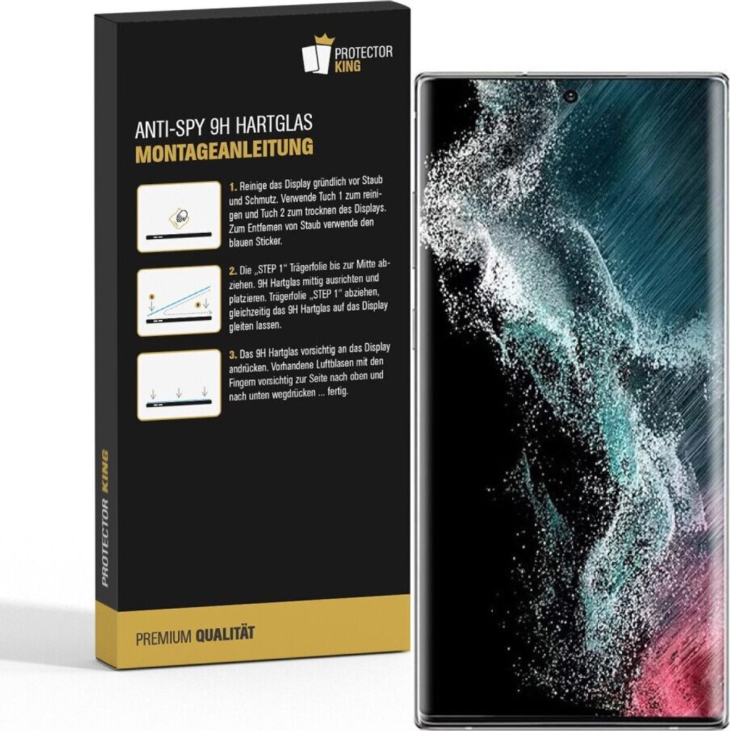 A product box for an anti-spy screen protector is shown next to a smartphone with a screen protector applied.